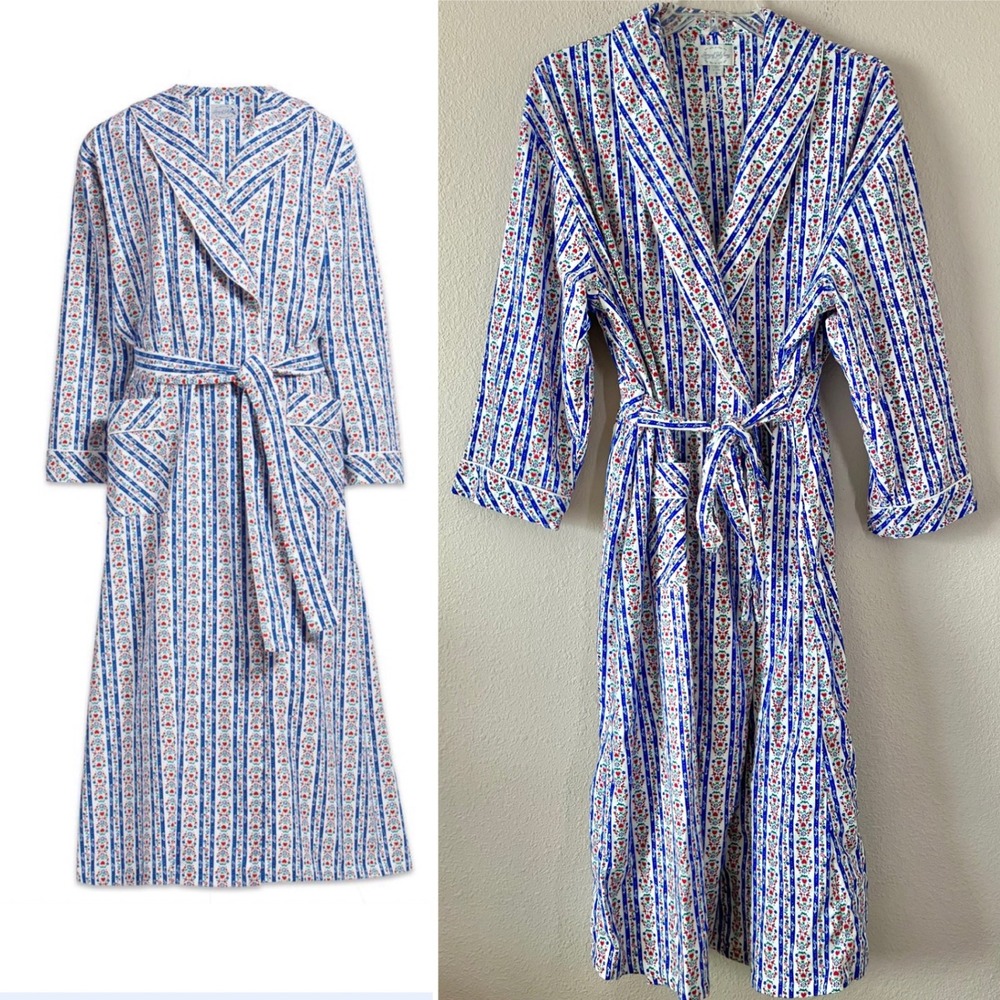 LANZ OF SALZBURG Tyrolean Flannel Wrap Robe 1X Floral Stripe Cottagecore Blue